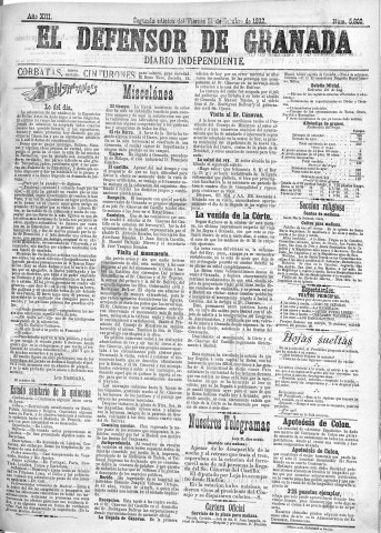 'El Defensor de Granada  : diario político independiente' - Año XIII Número 5800 2ª ed. - 1892 Octubre 21