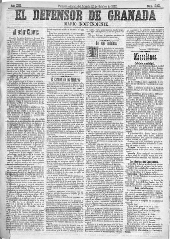 'El Defensor de Granada  : diario político independiente' - Año XIII Número 5801 1ª ed. - 1892 Octubre 22