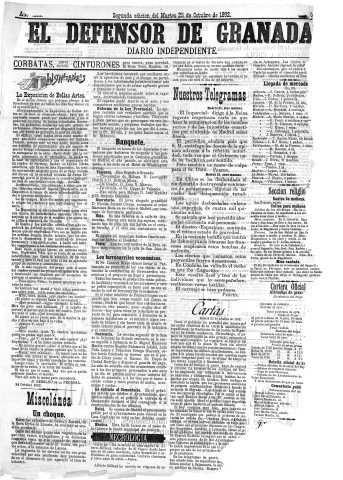 'El Defensor de Granada  : diario político independiente' - Año XIII Número 5806 2ª ed. - 1892 Octubre 25