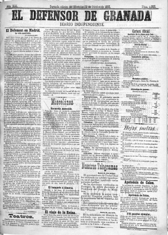 'El Defensor de Granada  : diario político independiente' - Año XIII Número 5808 2ª ed. - 1892 Octubre 26