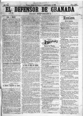 'El Defensor de Granada  : diario político independiente' - Año XIII Número 5817 1ª ed. - 1892 Noviembre 01
