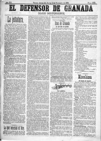 'El Defensor de Granada  : diario político independiente' - Año XIII Número 5822 3ª ed. - 1892 Noviembre 03