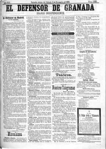 'El Defensor de Granada  : diario político independiente' - Año XIII Número 5826 2ª ed. - 1892 Noviembre 05