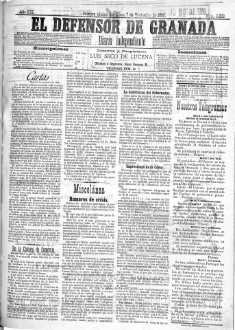 'El Defensor de Granada  : diario político independiente' - Año XIII Número 5828 1ª ed. - 1892 Noviembre 07