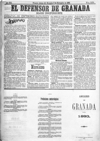 'El Defensor de Granada  : diario político independiente' - Año XIII Número 5831 1ª ed. - 1892 Noviembre 09