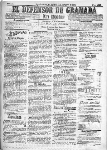 'El Defensor de Granada  : diario político independiente' - Año XIII Número 5832 2ª ed. - 1892 Noviembre 09