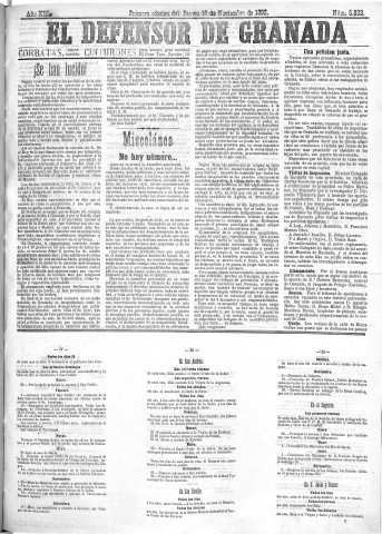 'El Defensor de Granada  : diario político independiente' - Año XIII Número 5833 1ª ed. - 1892 Noviembre 10