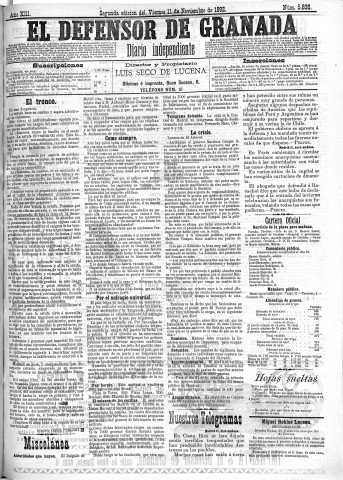 'El Defensor de Granada  : diario político independiente' - Año XIII Número 5836 2ª ed. - 1892 Noviembre 11