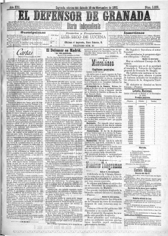 'El Defensor de Granada  : diario político independiente' - Año XIII Número 5850 2ª ed. - 1892 Noviembre 19