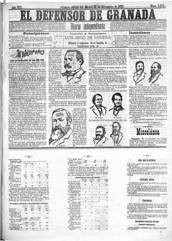 'El Defensor de Granada  : diario político independiente' - Año XIII Número 5853 1ª ed. - 1892 Noviembre 22