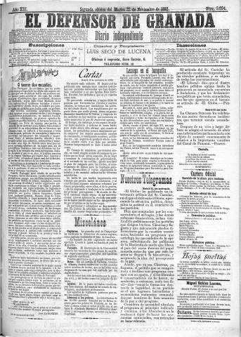 'El Defensor de Granada  : diario político independiente' - Año XIII Número 5854 2ª ed. - 1892 Noviembre 22