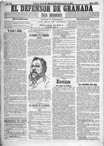 'El Defensor de Granada  : diario político independiente' - Año XIII Número 5855 1ª ed. - 1892 Noviembre 23