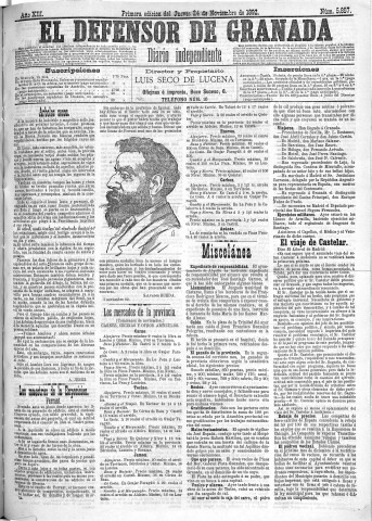 'El Defensor de Granada  : diario político independiente' - Año XIII Número 5857 1ª ed. - 1892 Noviembre 24
