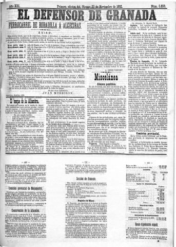 'El Defensor de Granada  : diario político independiente' - Año XIII Número 5859 1ª ed. - 1892 Noviembre 25