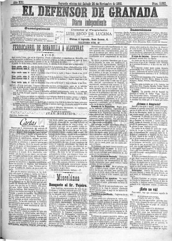 'El Defensor de Granada  : diario político independiente' - Año XIII Número 5862 2ª ed. - 1892 Noviembre 26