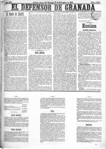 'El Defensor de Granada  : diario político independiente' - Año XIII Número 5863 1ª ed. - 1892 Noviembre 27