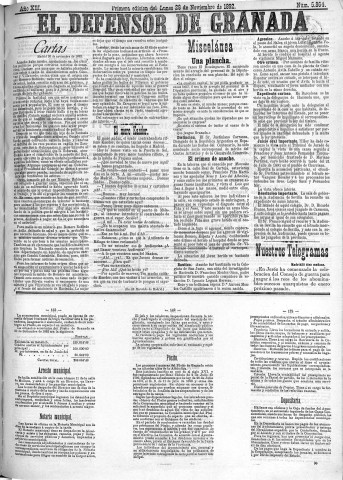'El Defensor de Granada  : diario político independiente' - Año XIII Número 5864 1ª ed. - 1892 Noviembre 28