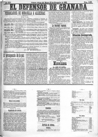 'El Defensor de Granada  : diario político independiente' - Año XIII Número 5865 1ª ed. - 1892 Noviembre 29