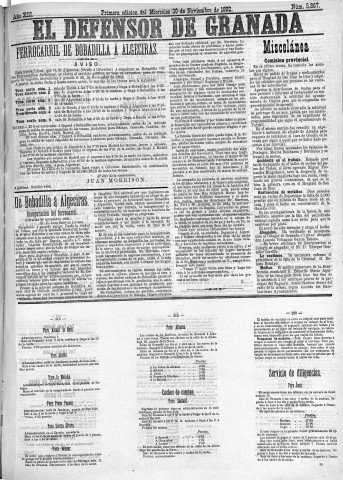 'El Defensor de Granada  : diario político independiente' - Año XIII Número 5867 1ª ed. - 1892 Noviembre 30