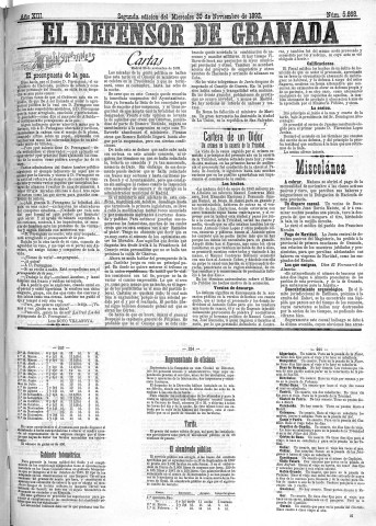 'El Defensor de Granada  : diario político independiente' - Año XIII Número 5868 2ª ed. - 1892 Noviembre 30