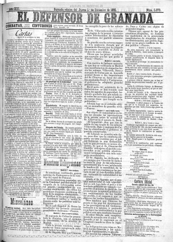 'El Defensor de Granada  : diario político independiente' - Año XIII Número 5870 2ª ed. - 1892 Diciembre 01