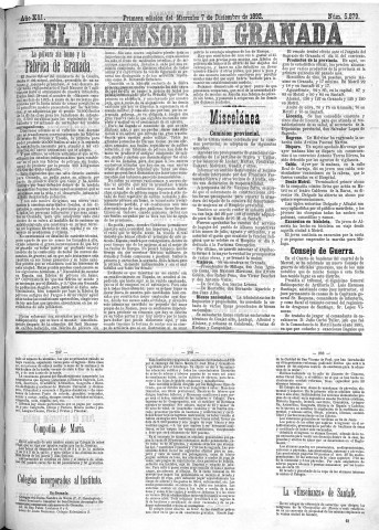 'El Defensor de Granada  : diario político independiente' - Año XIII Número 5879 1ª ed. - 1892 Diciembre 07
