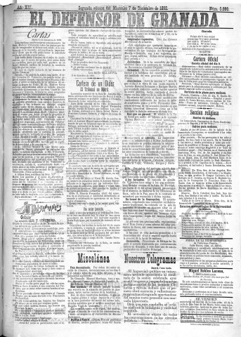 'El Defensor de Granada  : diario político independiente' - Año XIII Número 5880 2ª ed. - 1892 Diciembre 07
