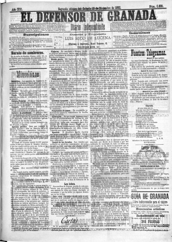 'El Defensor de Granada  : diario político independiente' - Año XIII Número 5886 2ª ed. - 1892 Diciembre 10