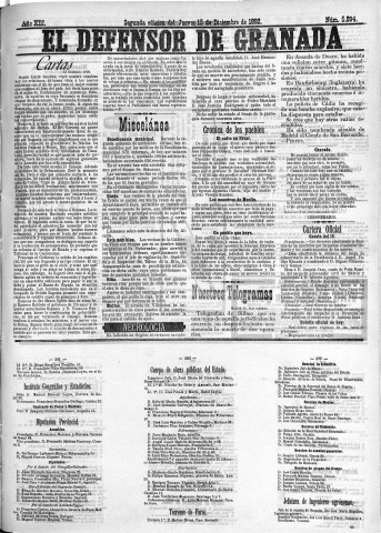 'El Defensor de Granada  : diario político independiente' - Año XIII Número 5894 2ª ed. - 1892 Diciembre 15