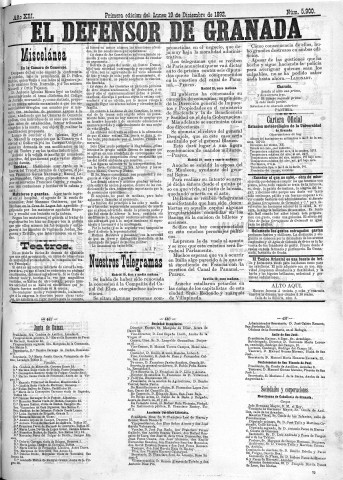 'El Defensor de Granada  : diario político independiente' - Año XIII Número 5900 1ª ed. - 1892 Diciembre 19