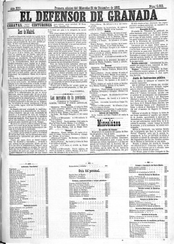 'El Defensor de Granada  : diario político independiente' - Año XIII Número 5903 1ª ed. - 1892 Diciembre 21