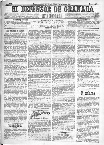 'El Defensor de Granada  : diario político independiente' - Año XIII Número 5905 1ª ed. - 1892 Diciembre 22