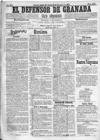 'El Defensor de Granada  : diario político independiente' - Año XIII Número 5916 2ª ed. - 1892 Diciembre 29
