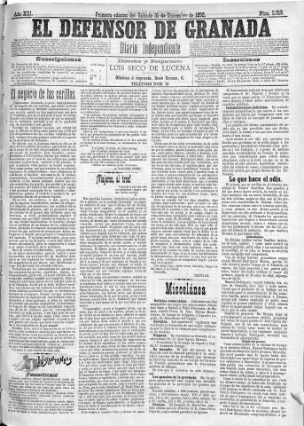 'El Defensor de Granada  : diario político independiente' - Año XIII Número 5919 1ª ed. - 1892 Diciembre 31