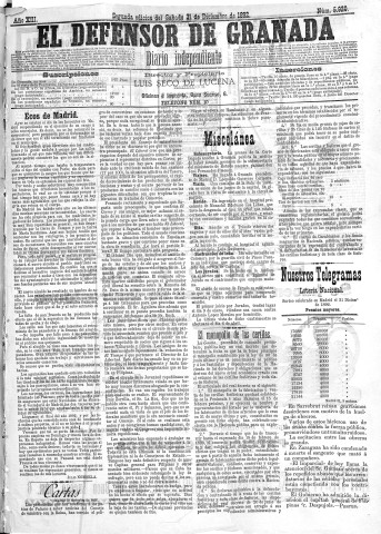 'El Defensor de Granada  : diario político independiente' - Año XIII Número 5920 2ª ed. - 1892 Diciembre 31