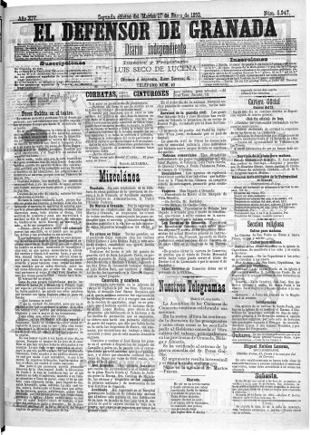 'El Defensor de Granada  : diario político independiente' - Año XIV Número 5947 2ª ed. - 1893 Enero 17