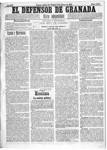 'El Defensor de Granada  : diario político independiente' - Año XIV Número 5978 1ª ed. - 1893 Febrero 03