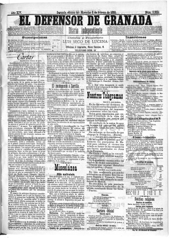 'El Defensor de Granada  : diario político independiente' - Año XIV Número 5983 2ª ed. - 1893 Febrero 08