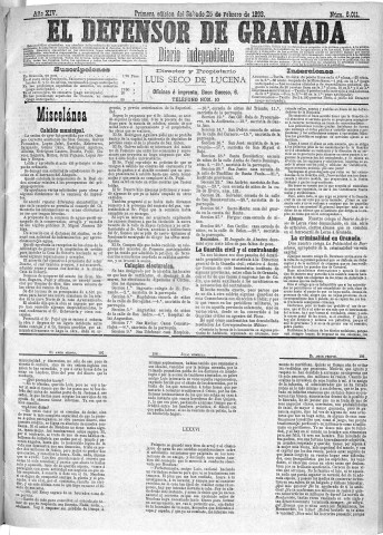 'El Defensor de Granada  : diario político independiente' - Año XIV Número 6011 1ª ed. - 1893 Febrero 25