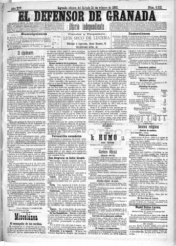 'El Defensor de Granada  : diario político independiente' - Año XIV Número 6012 2ª ed. - 1893 Febrero 25