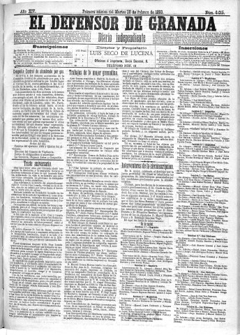 'El Defensor de Granada  : diario político independiente' - Año XIV Número 6015 1ª ed. - 1893 Febrero 28