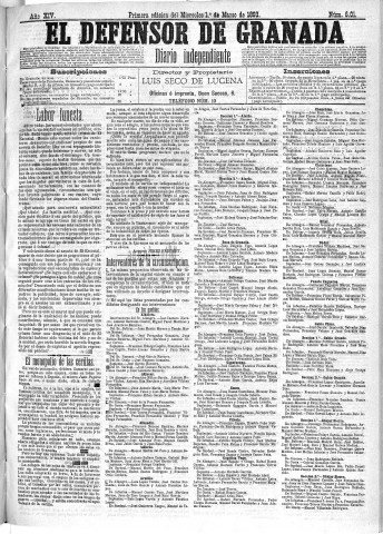 'El Defensor de Granada  : diario político independiente' - Año XIV Número 6017 1ª ed. - 1893 Marzo 01