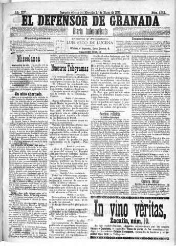 'El Defensor de Granada  : diario político independiente' - Año XIV Número 6018 2ª ed. - 1893 Marzo 01