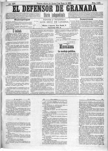 'El Defensor de Granada  : diario político independiente' - Año XIV Número 6019 1ª ed. - 1893 Marzo 02