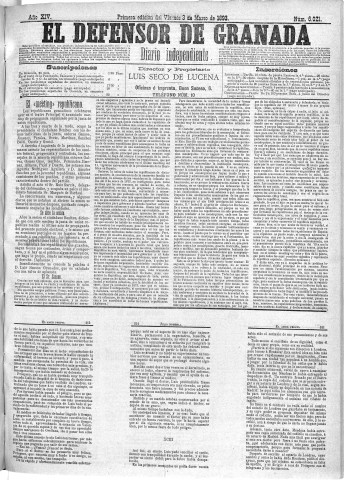 'El Defensor de Granada  : diario político independiente' - Año XIV Número 6021 1ª ed. - 1893 Marzo 03
