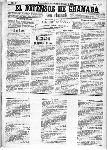'El Defensor de Granada  : diario político independiente' - Año XIV Número 6025 1ª ed. - 1893 Marzo 05