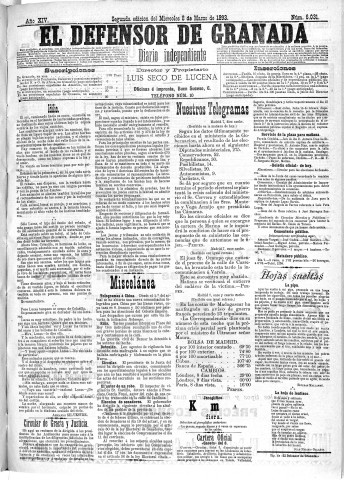 'El Defensor de Granada  : diario político independiente' - Año XIV Número 6031 2ª ed. - 1893 Marzo 08