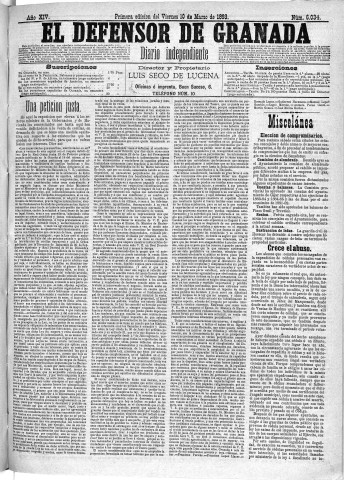 'El Defensor de Granada  : diario político independiente' - Año XIV Número 6034 1ª ed. - 1893 Marzo 10