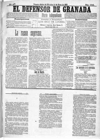 'El Defensor de Granada  : diario político independiente' - Año XIV Número 6042 1ª ed. - 1893 Marzo 15