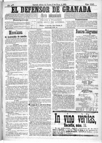 'El Defensor de Granada  : diario político independiente' - Año XIV Número 6045 2ª ed. - 1893 Marzo 16